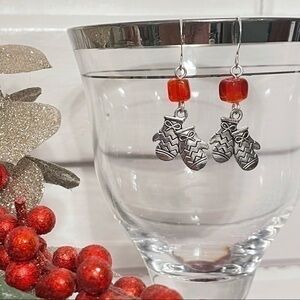 $10 SALE Handmade Mitten Charm Earring Red Bead Accent Glove Outdoor Fun Winter